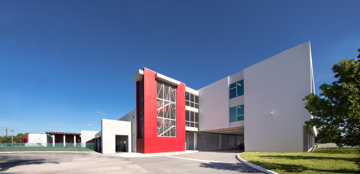 Architectural view of the Mater Academy stem charter high school in Miami, FL